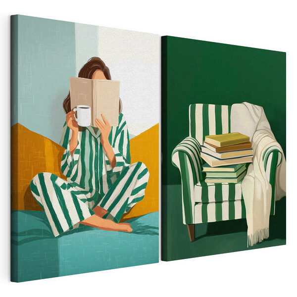 O femeie în pijamale care citește o carte și o grămadă de cărți Tablou modular pe pânză O femeie în pijamale care citește o carte și o grămadă de cărți